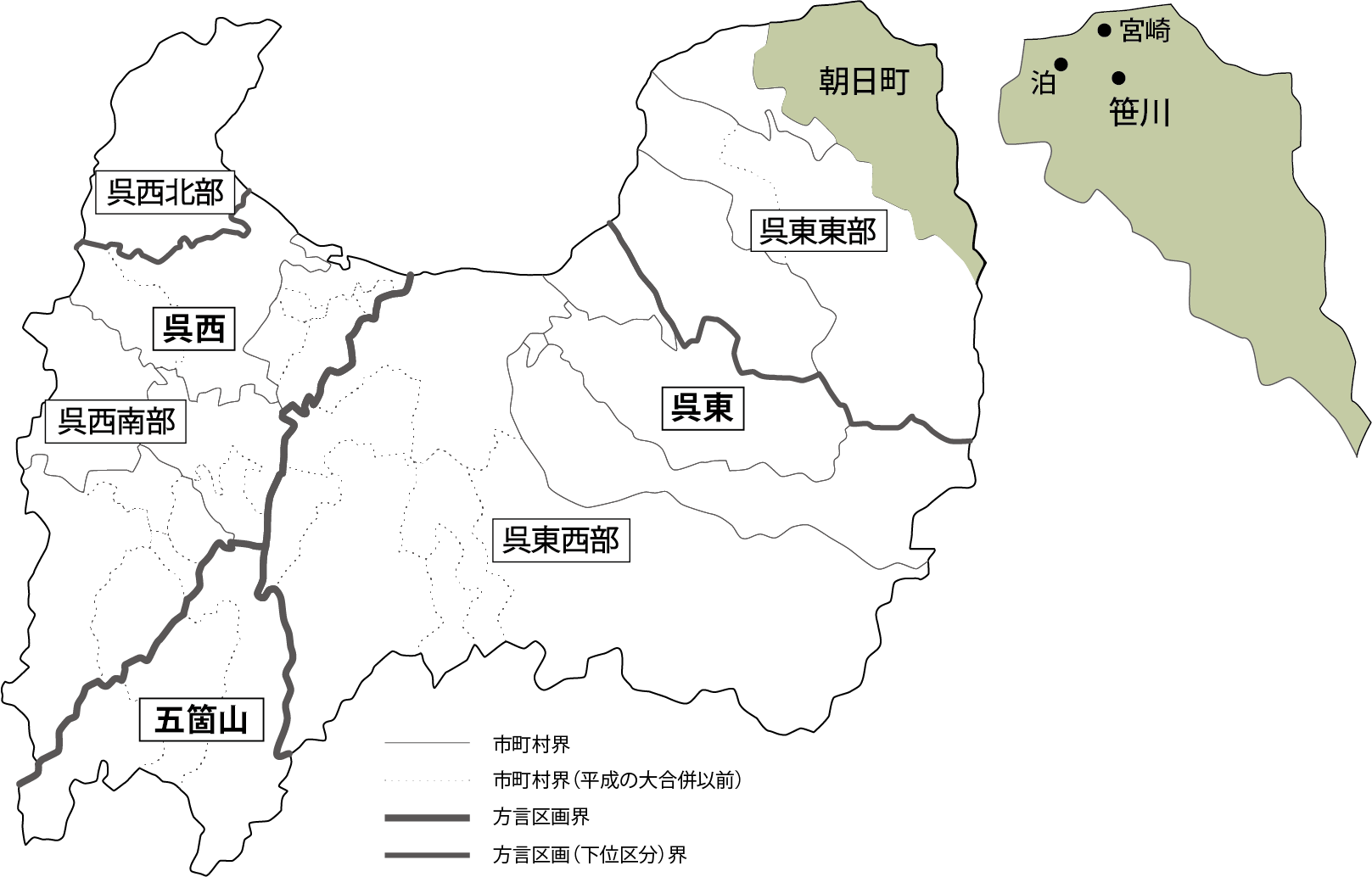富山県の行政区画・方言区画と笹川の位置